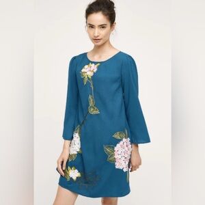 Anthropologie Varun Bahl Hydrangea Floral Dress Blue Applique Embroidery, Size 4